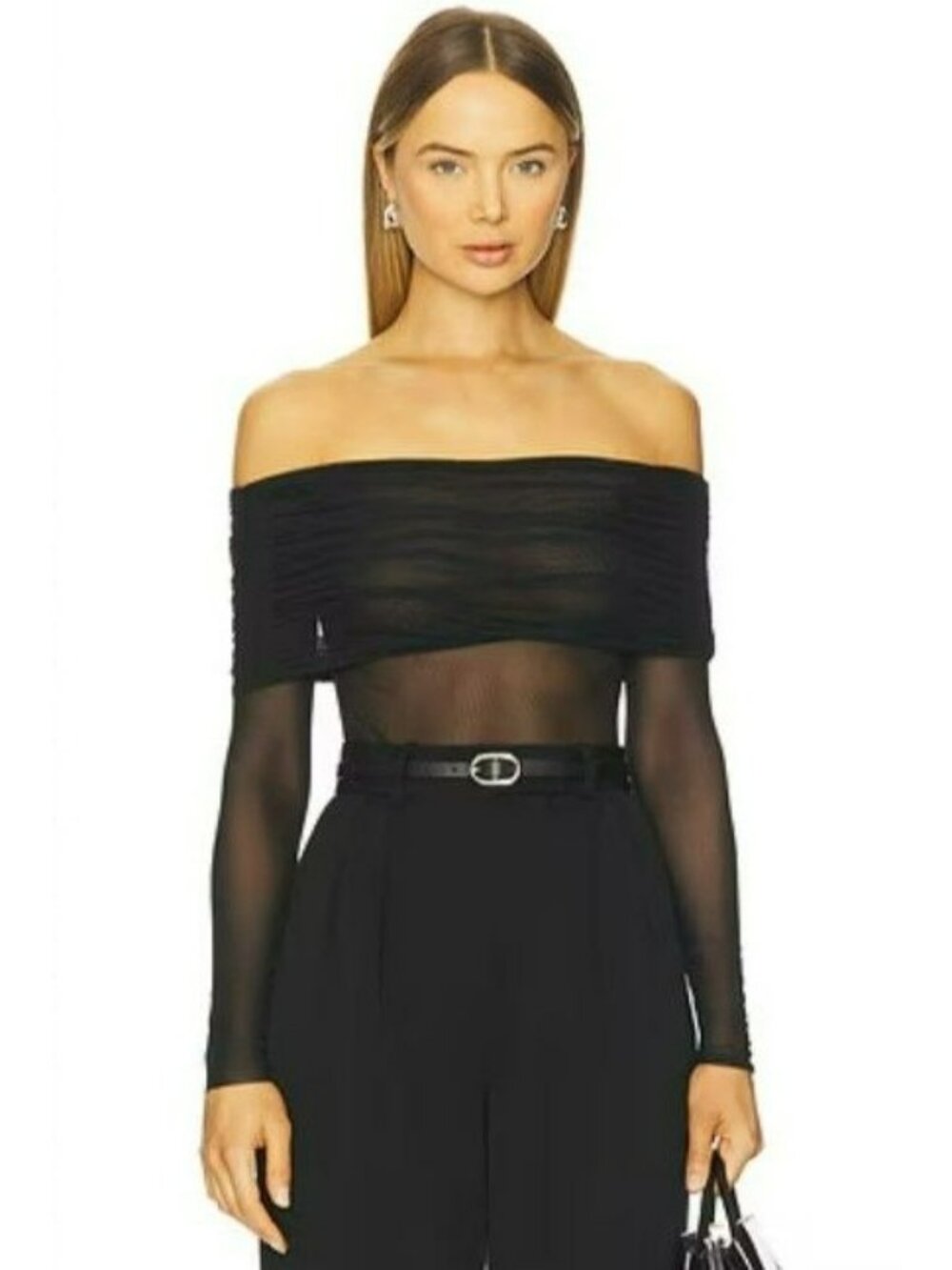 HELSA Revolve Black Sheer Knit Off The Shoulder Top Mesh Jersey Long Sleeve